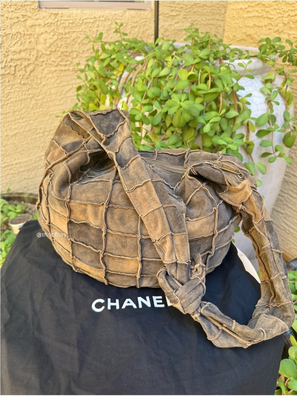 CHANEL Brown Patchwork Suede Shoulder Bag